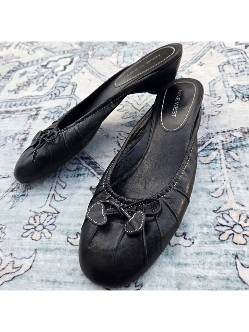 Y2K Nine West Black Leather Ballet Mules Slides Heels Size 7 Round Toe Brazil